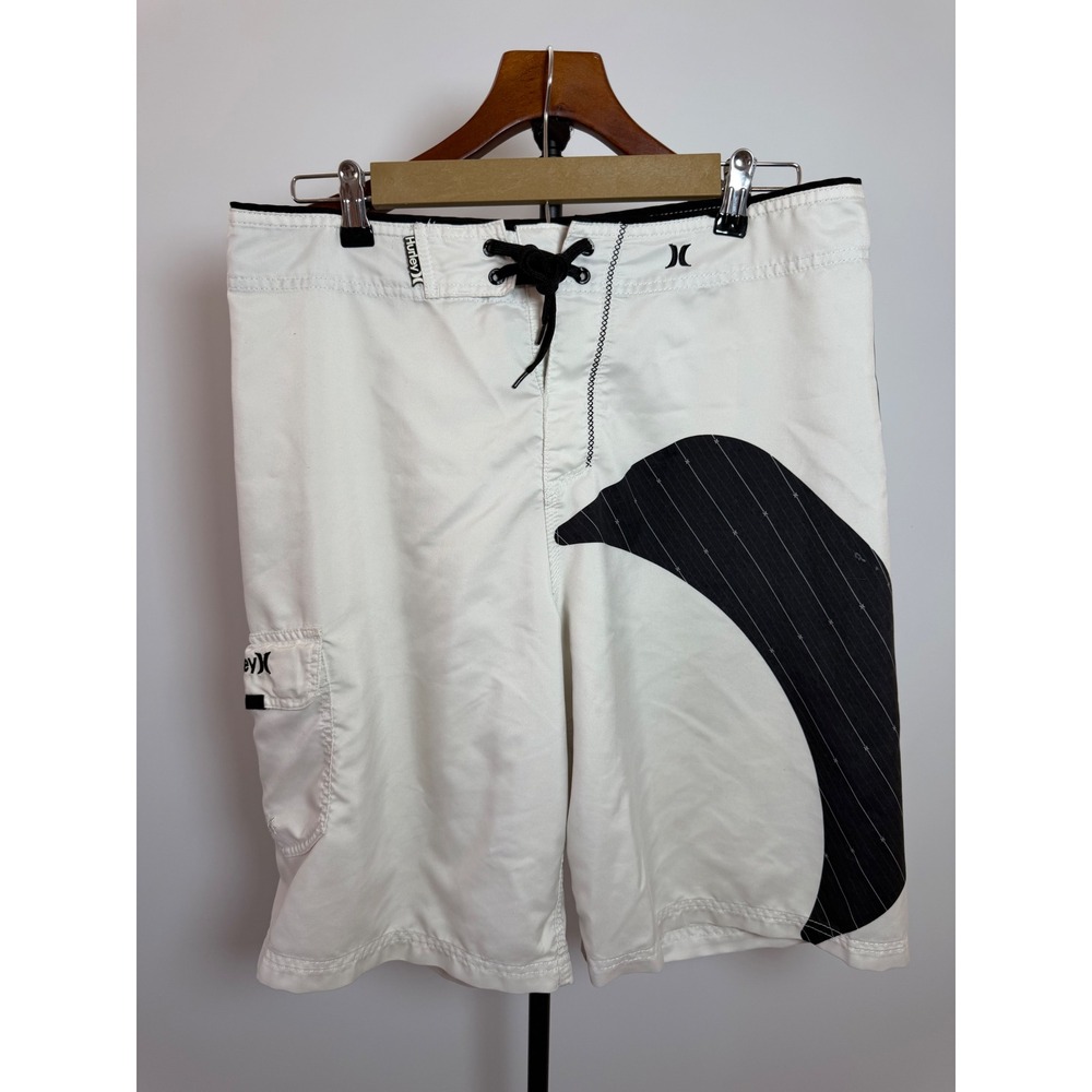 Hurley Mens Board Shorts White Black Graphic Logo Swim Trunks Size 34